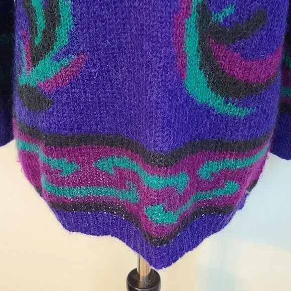 Cambridge Spirit Women L Purple Colorful Wool Blend Abstract 80's Style Pullover - Picture 7 of 13